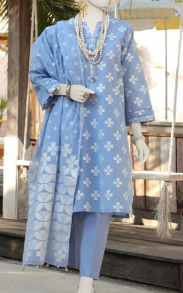 Junaid Jamshed Carolina Blue Jacquard Suit | Pakistani Lawn Suits- Image 1