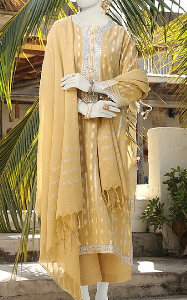 Junaid Jamshed Sand Gold Jacquard Suit | Pakistani Lawn Suits- Image 1