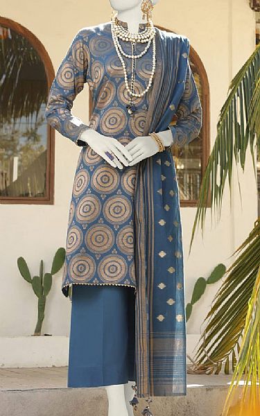 Junaid Jamshed Blue Bayoux Jacquard Suit | Pakistani Lawn Suits- Image 1
