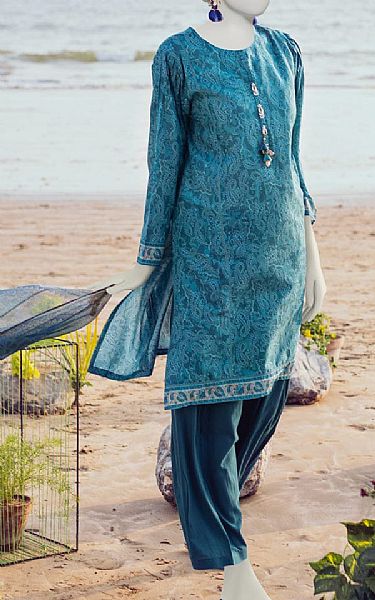 Junaid Jamshed Teal Lawn Suit | Pakistani Lawn Suits- Image 1