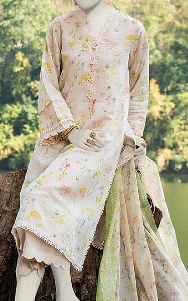 Junaid Jamshed Beige Lawn Suit | Pakistani Lawn Suits- Image 1