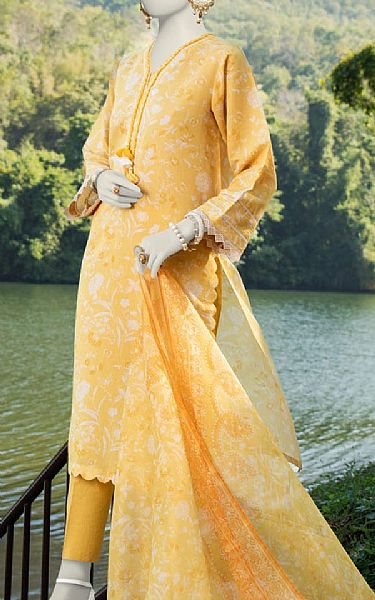 Junaid Jamshed Arylide Yellow Lawn Suit | Pakistani Lawn Suits- Image 1