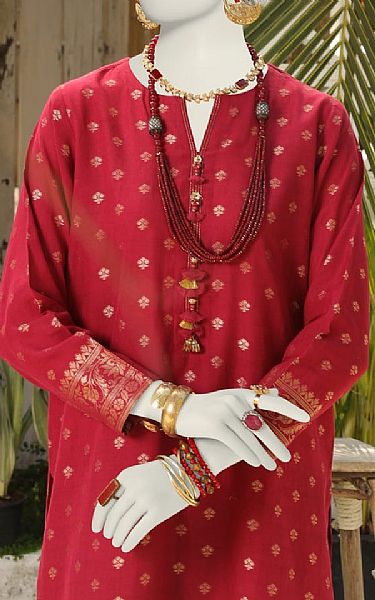Junaid Jamshed Red Jacquard Kurti | Pakistani Lawn Suits- Image 2