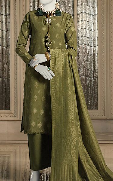 Junaid Jamshed Olive Green Jacquard Suit | Pakistani Lawn Suits- Image 1