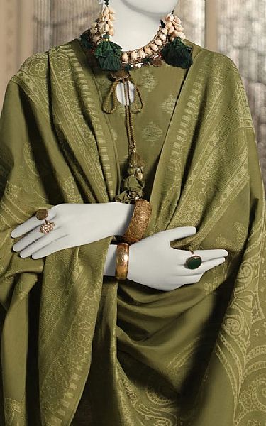 Junaid Jamshed Olive Green Jacquard Suit | Pakistani Lawn Suits- Image 2
