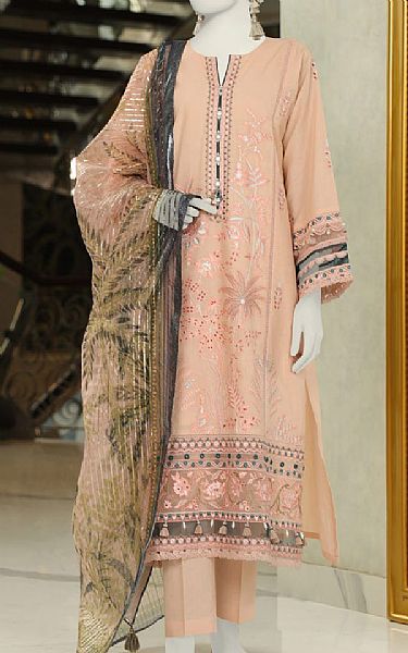 Junaid Jamshed Peach Lawn Suit | Pakistani Lawn Suits- Image 1
