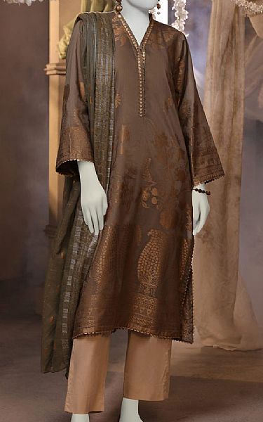 Junaid Jamshed Pastel Brown Jacquard Suit (2 pcs) | Pakistani Winter Dresses in USA- Image 1