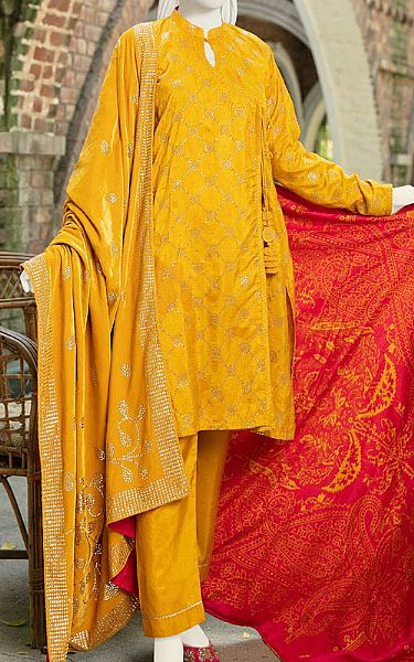 Golden Yellow Silk Suit | Junaid Jamshed Pakistani Winter Dresses