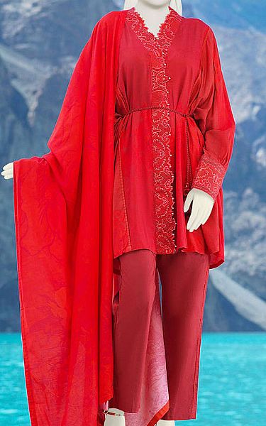 Red Linen Suit | Junaid Jamshed Pakistani Winter Dresses