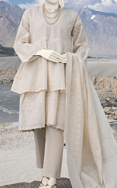 Junaid Jamshed Off-white Jacquard Suit | Pakistani Winter Dresses- Image 1