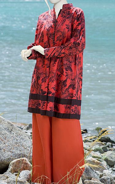 Junaid Jamshed Vermilion Red Khaddar Suit (2 Pcs) | Pakistani Dresses in USA- Image 1