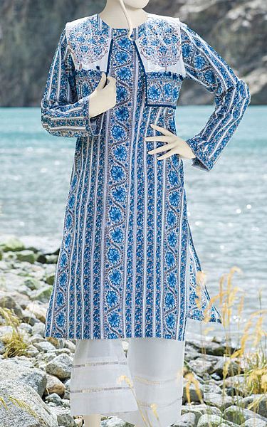 Junaid Jamshed Denim Blue Cambric Kurti | Pakistani Dresses in USA- Image 1