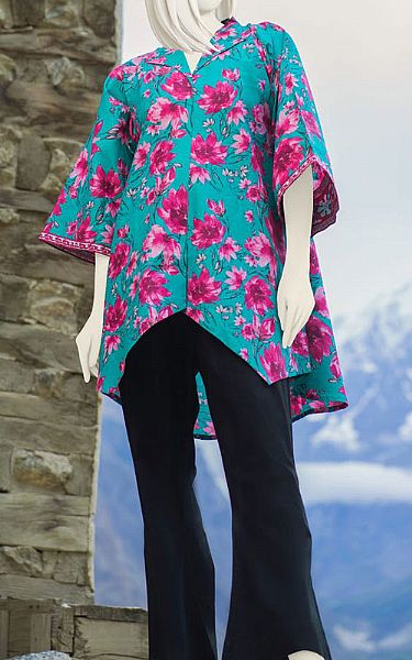 Junaid Jamshed Cyan Cambric Kurti | Pakistani Dresses in USA- Image 1