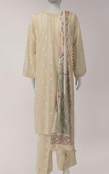 Junaid Jamshed Beige Lawn Suit | Pakistani Lawn Dress in USA- Image 2