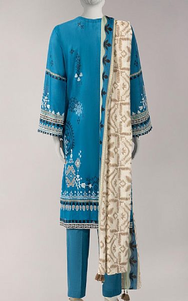 Junaid Jamshed Teal Blue Lawn Suit | Pakistani Lawn Dress in USA- Image 2