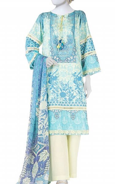 Junaid Jamshed Off White/Blue Lawn Suit | Pakistani Lawn Dress in USA- Image 1