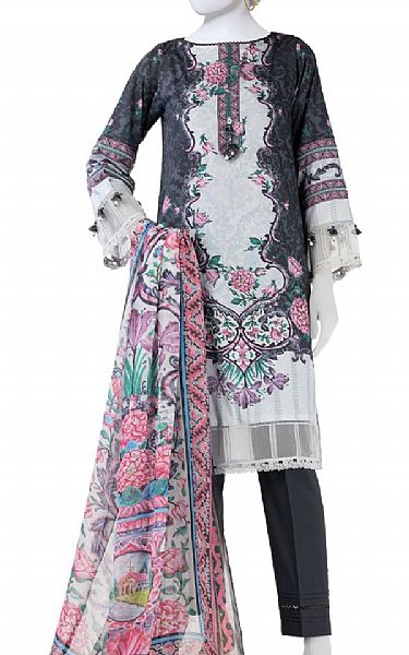 Junaid Jamshed Black/Light Grey Lawn Suit | Pakistani Lawn Dress in USA- Image 1