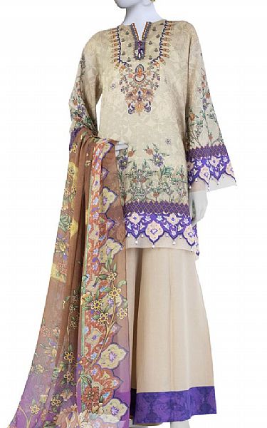 Junaid Jamshed Beige Lawn Suit | Pakistani Lawn Dress in USA- Image 1