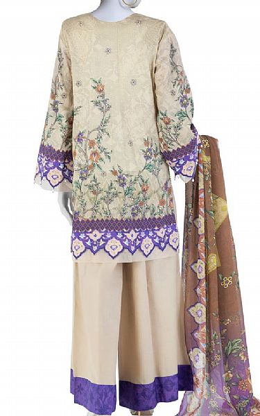 Junaid Jamshed Beige Lawn Suit | Pakistani Lawn Dress in USA- Image 2