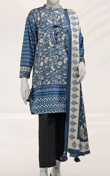 Junaid Jamshed Blue/Cream Cambric Suit (2 pcs) | Pakistani Lawn Dress in USA- Image 1