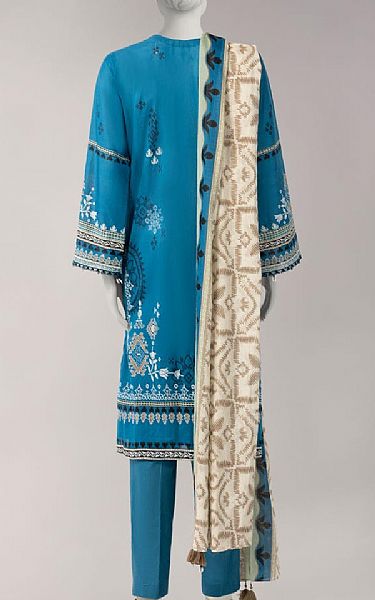 Junaid Jamshed Teal Blue Lawn Suit | Pakistani Lawn Dress in USA- Image 2