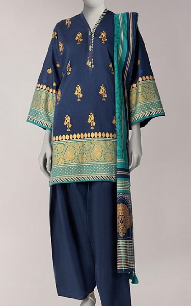 Junaid Jamshed Navy Blue Lawn Suit | Pakistani Lawn Dress in USA- Image 1
