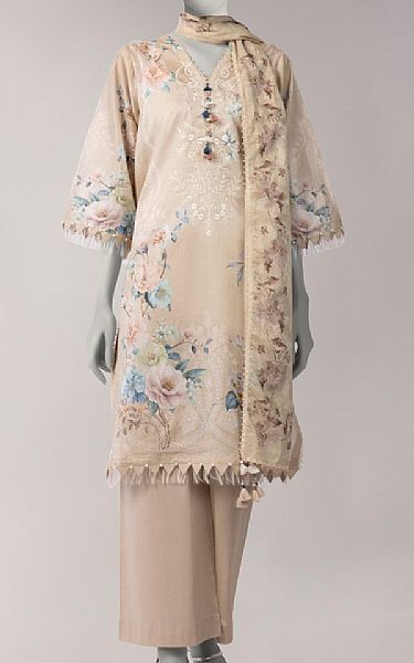 Junaid Jamshed Beige Lawn Suit | Pakistani Lawn Dress in USA- Image 1