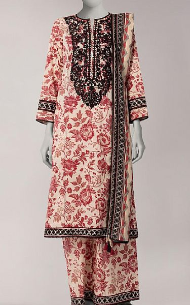 Junaid Jamshed Ivory/Dull Red Lawn Suit | Pakistani Lawn Dress in USA- Image 1