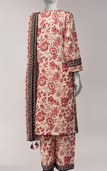 Junaid Jamshed Ivory/Dull Red Lawn Suit | Pakistani Lawn Dress in USA- Image 2