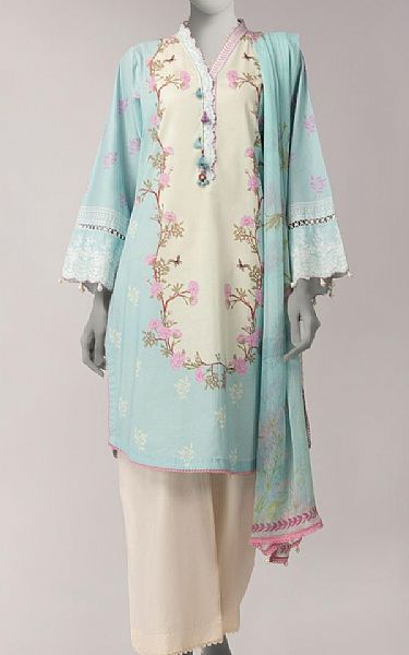 Junaid Jamshed Off White/Light Blue Lawn Suit (2 pcs) | Pakistani Lawn Dress in USA- Image 1