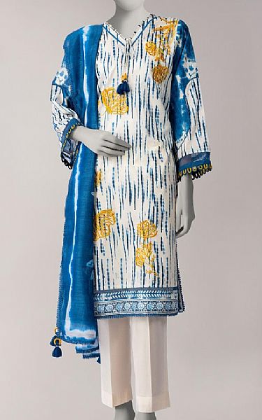 Junaid Jamshed Off White/Blue Lawn Suit (2 pcs) | Pakistani Lawn Dress in USA- Image 1