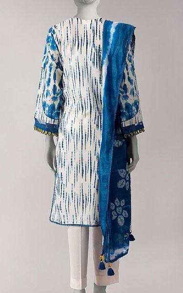 Junaid Jamshed Off White/Blue Lawn Suit (2 pcs) | Pakistani Lawn Dress in USA- Image 2