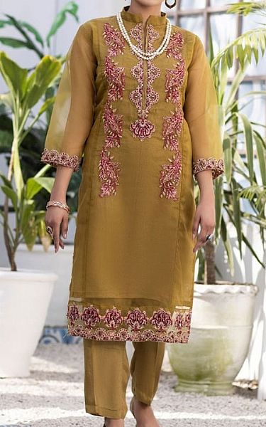 Ketifa Golden Brown Organza Suit (2 Pcs) | Pakistani Pret Wear Clothing by Ketifa- Image 1