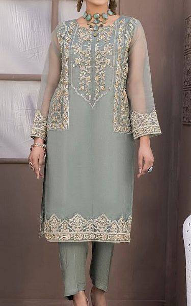 Ketifa Grey Organza Suit (2 Pcs) | Pakistani Pret Wear Clothing by Ketifa- Image 1