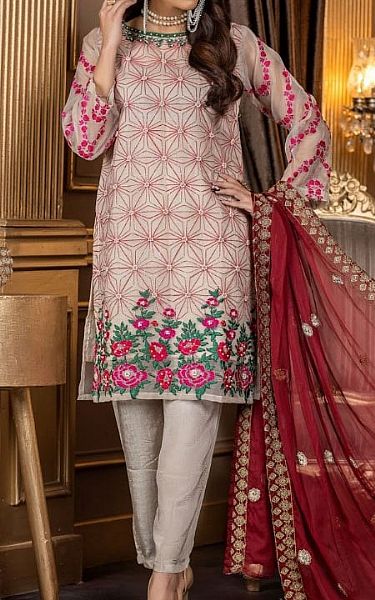 Ketifa Light Grey Organza Suit | Pakistani Embroidered Chiffon Dresses- Image 1
