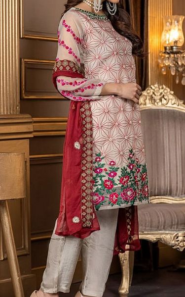 Ketifa Light Grey Organza Suit | Pakistani Embroidered Chiffon Dresses- Image 2