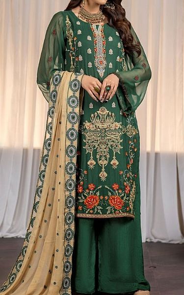 Ketifa Dark Green Chiffon Suit | Pakistani Embroidered Chiffon Dresses- Image 1