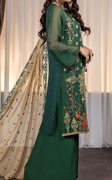 Ketifa Dark Green Chiffon Suit | Pakistani Embroidered Chiffon Dresses- Image 2