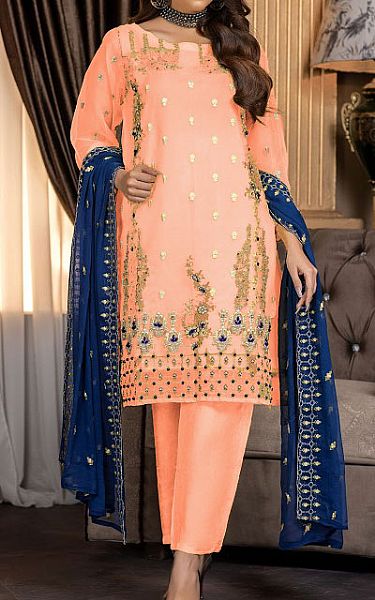 Ketifa Peach Organza Suit | Pakistani Embroidered Chiffon Dresses- Image 1