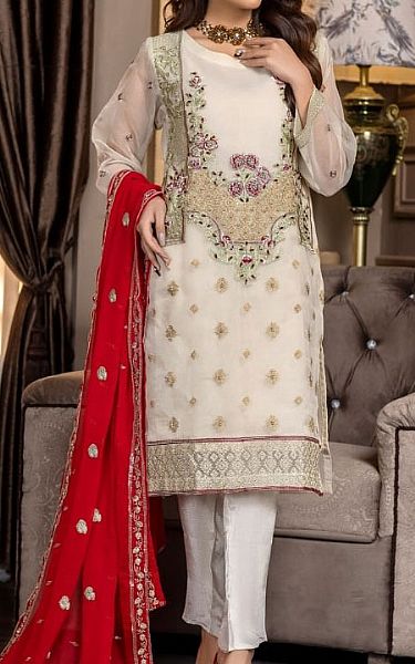 Ketifa Off-White Organza Suit | Pakistani Embroidered Chiffon Dresses- Image 1