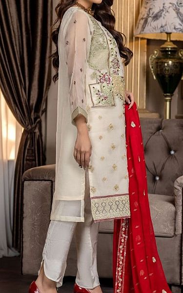 Ketifa Off-White Organza Suit | Pakistani Embroidered Chiffon Dresses- Image 2