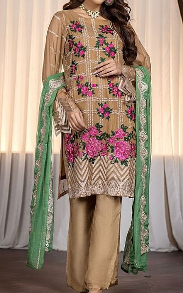 Ketifa Fawn Chiffon Suit | Pakistani Embroidered Chiffon Dresses- Image 1