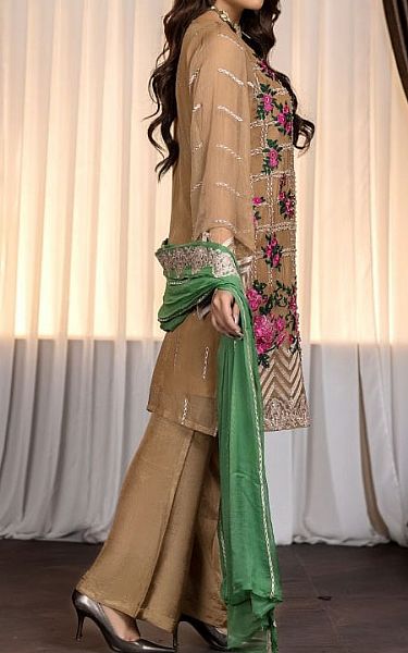 Ketifa Fawn Chiffon Suit | Pakistani Embroidered Chiffon Dresses- Image 2
