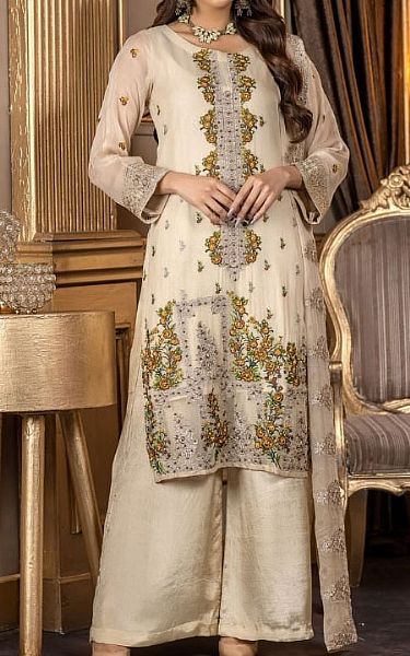 Ketifa Off-white Chiffon Suit | Pakistani Embroidered Chiffon Dresses- Image 1