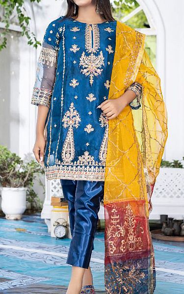 Ketifa Navy Blue Organza Suit | Pakistani Embroidered Chiffon Dresses- Image 1