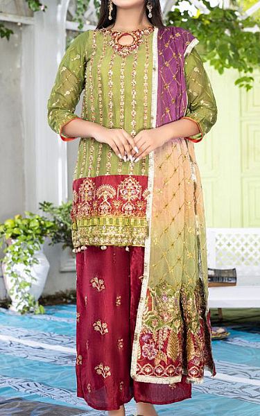 Ketifa Green/Red Chiffon Suit | Pakistani Embroidered Chiffon Dresses- Image 1