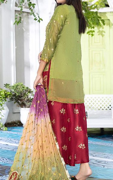 Ketifa Green/Red Chiffon Suit | Pakistani Embroidered Chiffon Dresses- Image 2