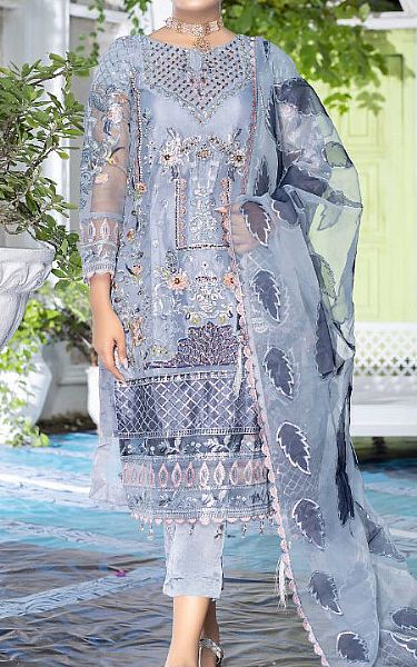 Ketifa Cadet Blue Organza Suit | Pakistani Embroidered Chiffon Dresses- Image 1