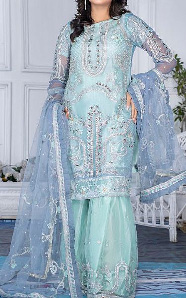Ketifa Light Turquoise Organza Suit | Pakistani Embroidered Chiffon Dresses- Image 1