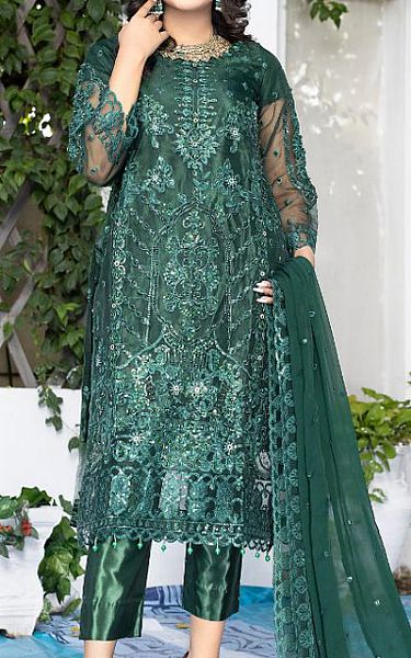Ketifa Green Organza Suit | Pakistani Embroidered Chiffon Dresses- Image 1
